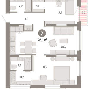 2-к квартира, вторичка, 75м2, 12/17 этаж
