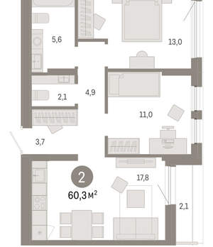 2-к квартира, вторичка, 60м2, 9/17 этаж