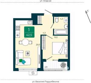 1-к квартира, вторичка, 43м2, 5/9 этаж