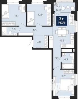 3-к квартира, сданный дом, 75м2, 10/16 этаж