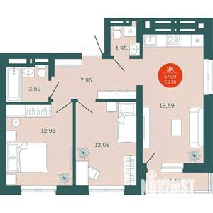 2-к квартира, вторичка, 57м2, 9/19 этаж