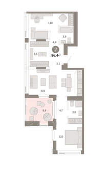 2-к квартира, вторичка, 86м2, 24/25 этаж