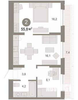 2-к квартира, вторичка, 56м2, 7/7 этаж