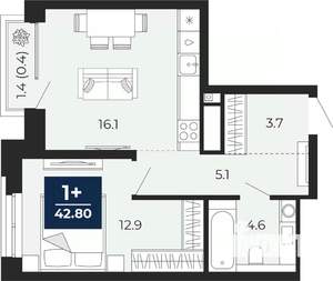1-к квартира, сданный дом, 44м2, 11/16 этаж