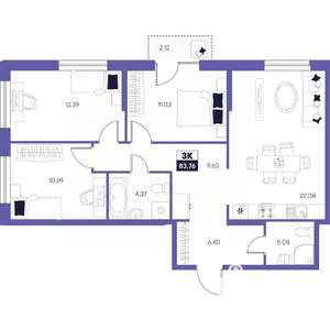 3-к квартира, строящийся дом, 84м2, 9/24 этаж