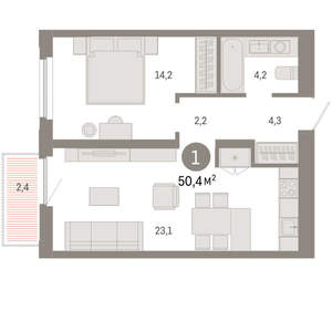 1-к квартира, вторичка, 50м2, 10/16 этаж