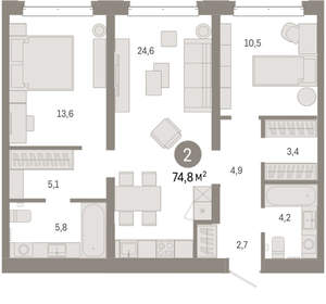 2-к квартира, вторичка, 75м2, 2/11 этаж