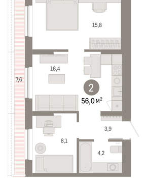 2-к квартира, вторичка, 56м2, 7/17 этаж