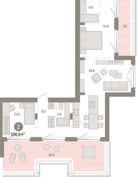 2-к квартира, вторичка, 107м2, 7/11 этаж