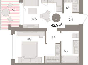 1-к квартира, вторичка, 42м2, 2/8 этаж