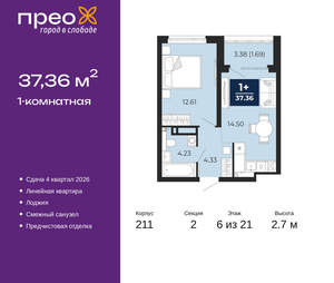 1-к квартира, вторичка, 37м2, 6/21 этаж