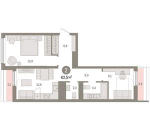 2-к квартира, вторичка, 62м2, 8/9 этаж