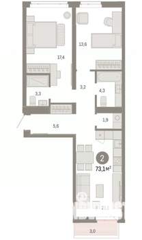 2-к квартира, вторичка, 73м2, 6/8 этаж