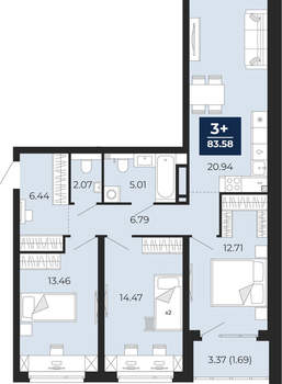 3-к квартира, вторичка, 84м2, 2/21 этаж