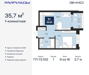 1-к квартира, вторичка, 36м2, 9/16 этаж