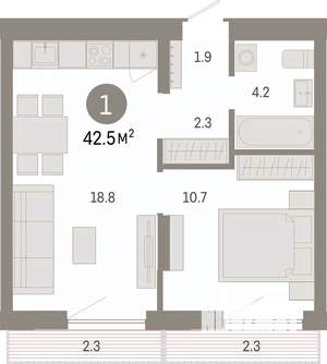 1-к квартира, вторичка, 42м2, 4/7 этаж