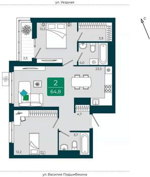 2-к квартира, вторичка, 65м2, 3/16 этаж