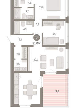 2-к квартира, вторичка, 91м2, 9/25 этаж