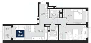 2-к квартира, вторичка, 66м2, 2/20 этаж