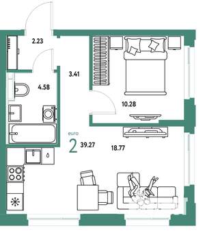 2-к квартира, вторичка, 39м2, 19/25 этаж