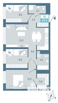 3-к квартира, строящийся дом, 70м2, 10/19 этаж