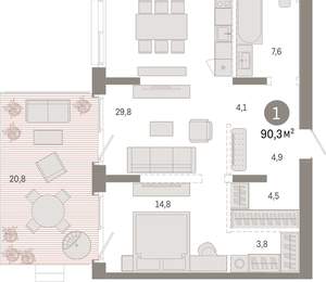 1-к квартира, вторичка, 90м2, 2/11 этаж