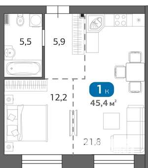 1-к квартира, строящийся дом, 45м2, 5/6 этаж