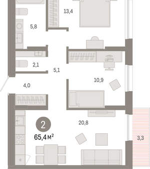 2-к квартира, вторичка, 65м2, 14/17 этаж