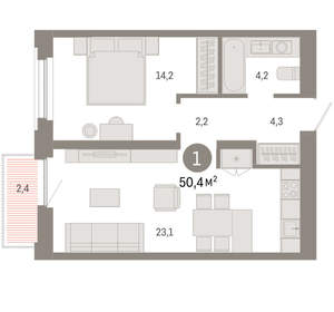 1-к квартира, вторичка, 50м2, 5/16 этаж