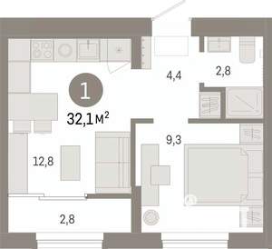 1-к квартира, вторичка, 32м2, 8/9 этаж