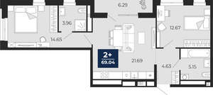 2-к квартира, вторичка, 69м2, 2/16 этаж