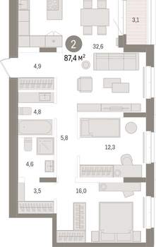 2-к квартира, вторичка, 87м2, 7/16 этаж