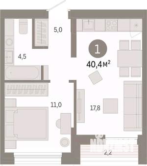 1-к квартира, вторичка, 40м2, 8/17 этаж