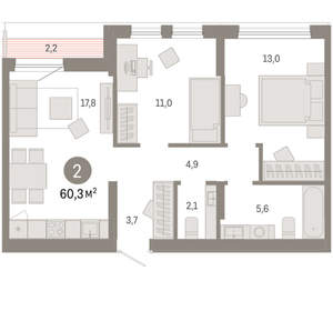 2-к квартира, вторичка, 60м2, 9/17 этаж