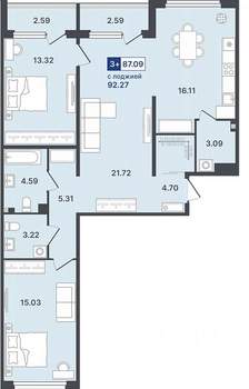 3-к квартира, строящийся дом, 87м2, 2/8 этаж