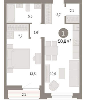 1-к квартира, вторичка, 51м2, 4/10 этаж