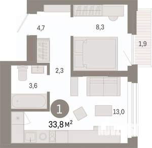 1-к квартира, вторичка, 34м2, 15/25 этаж