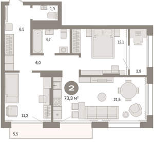 2-к квартира, вторичка, 73м2, 16/17 этаж
