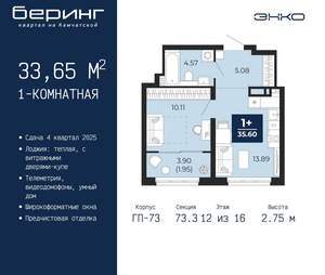 1-к квартира, вторичка, 34м2, 12/22 этаж