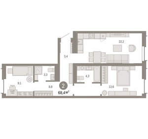 2-к квартира, вторичка, 68м2, 6/16 этаж