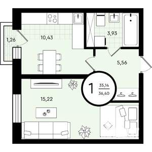 1-к квартира, вторичка, 36м2, 2/4 этаж
