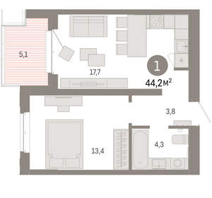 1-к квартира, вторичка, 44м2, 4/11 этаж