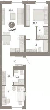 2-к квартира, вторичка, 64м2, 5/8 этаж