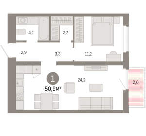 1-к квартира, вторичка, 51м2, 11/16 этаж