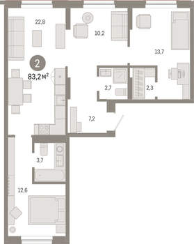2-к квартира, вторичка, 83м2, 9/17 этаж