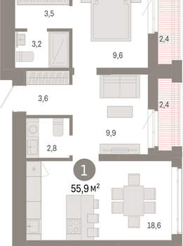 1-к квартира, вторичка, 56м2, 12/25 этаж