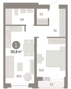 1-к квартира, вторичка, 51м2, 5/10 этаж