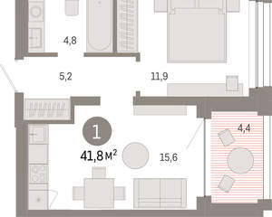 1-к квартира, вторичка, 42м2, 4/8 этаж