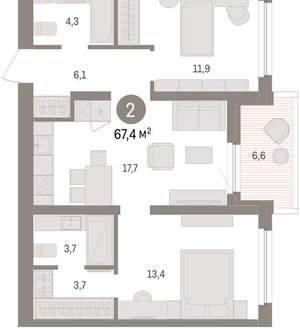 2-к квартира, вторичка, 67м2, 6/16 этаж