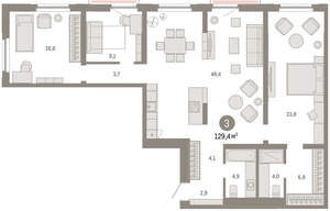 3-к квартира, вторичка, 129м2, 8/16 этаж